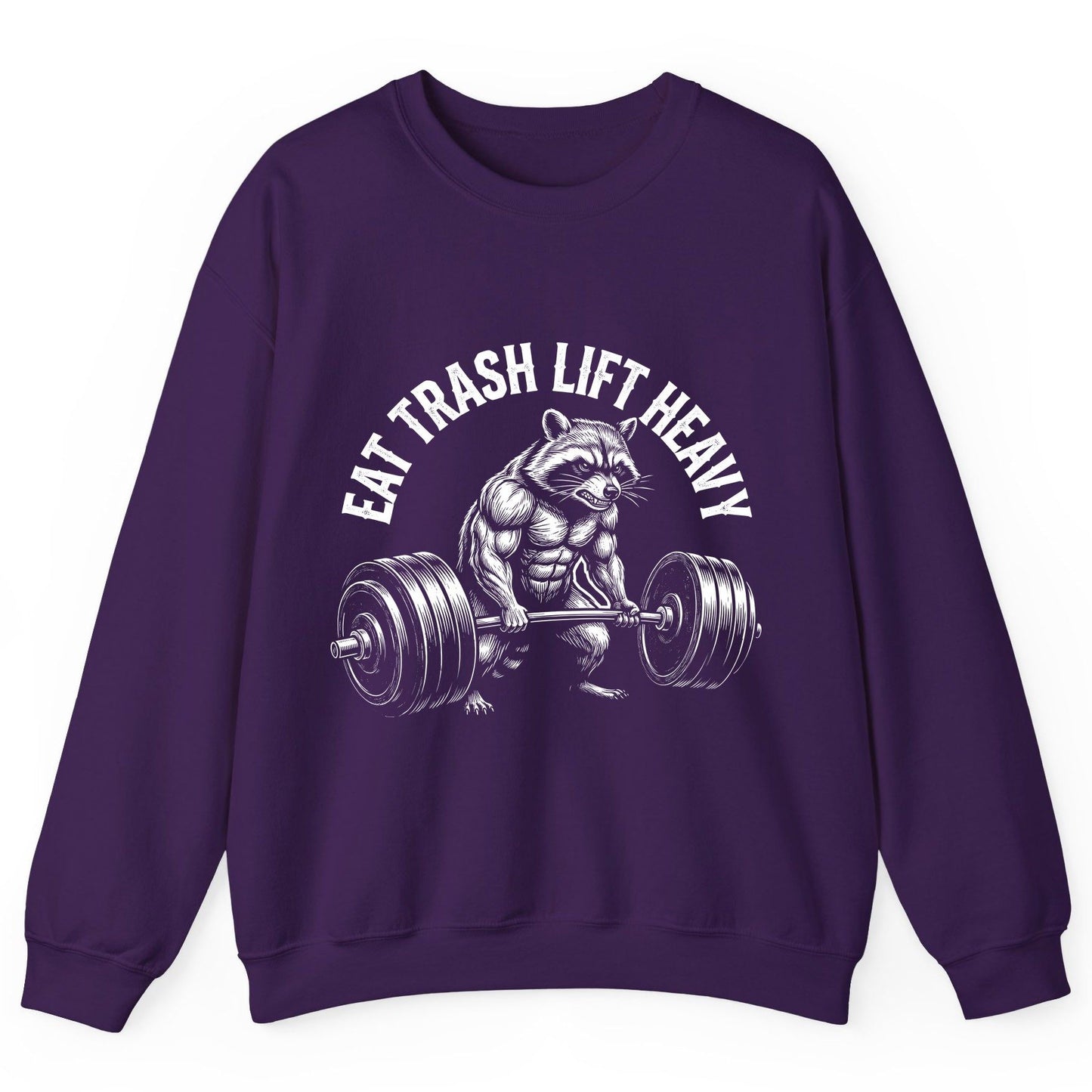 Eat Trash Lift Heavy raccoon Sweatshirt Purple product mockup