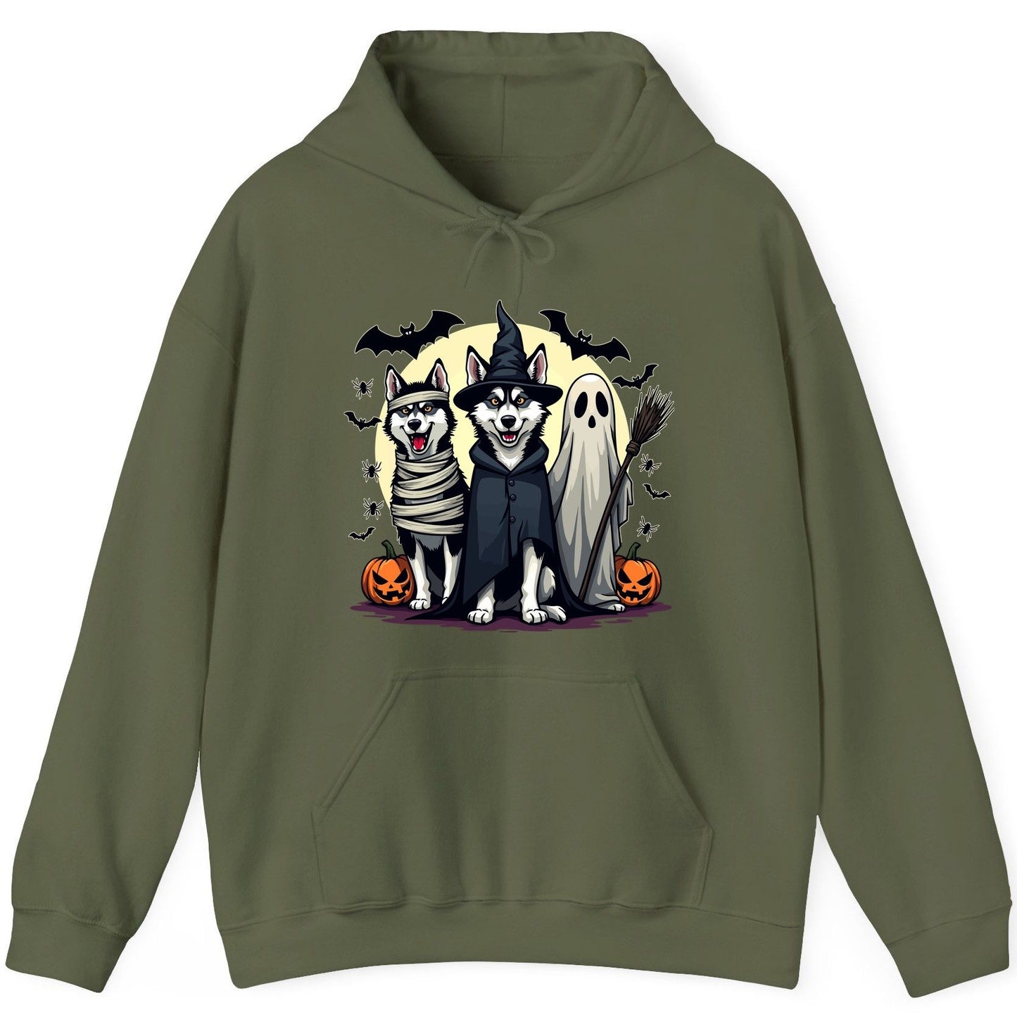 Halloween Huskies in Costumes Halloween huskies Hoodie Military Green product mockup