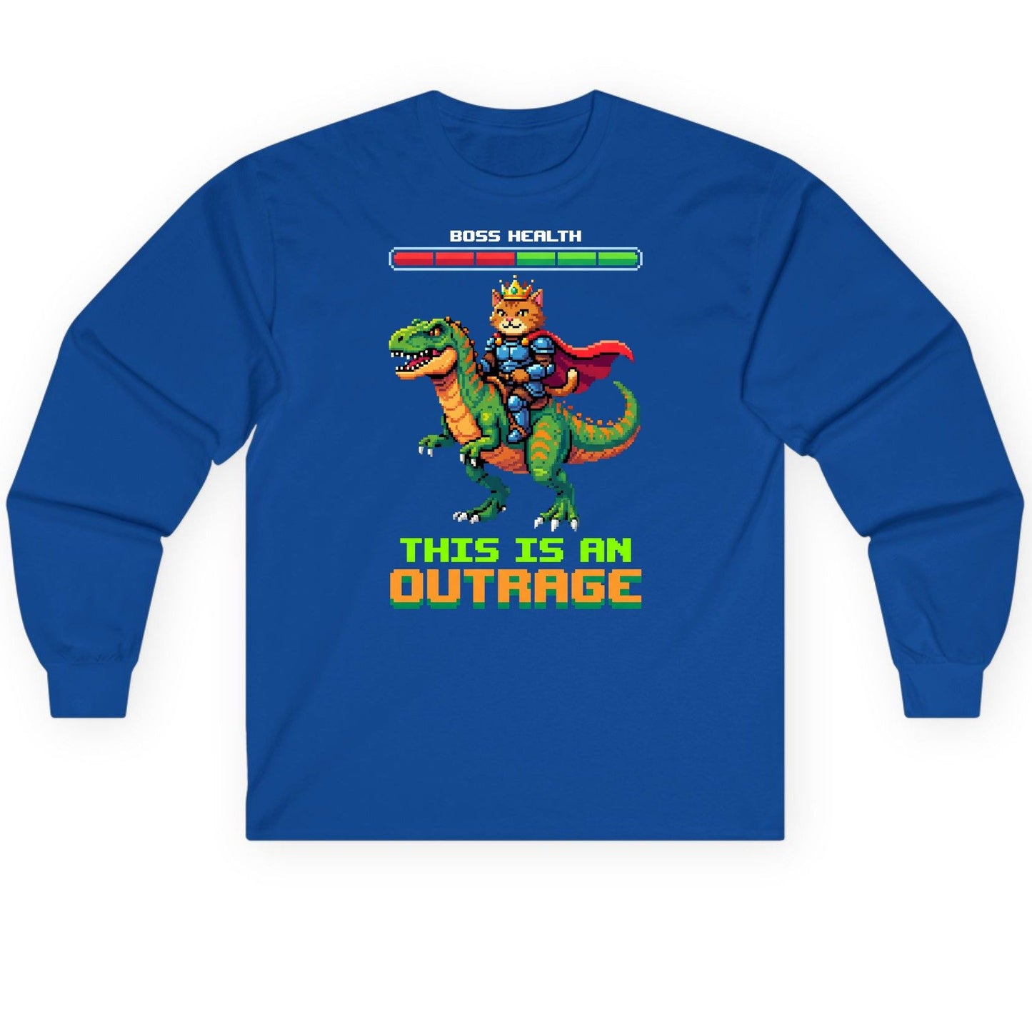 THIS IS AN OUTRAGE Cat riding a dinosaur Long Sleeve Tee Royal product mockup