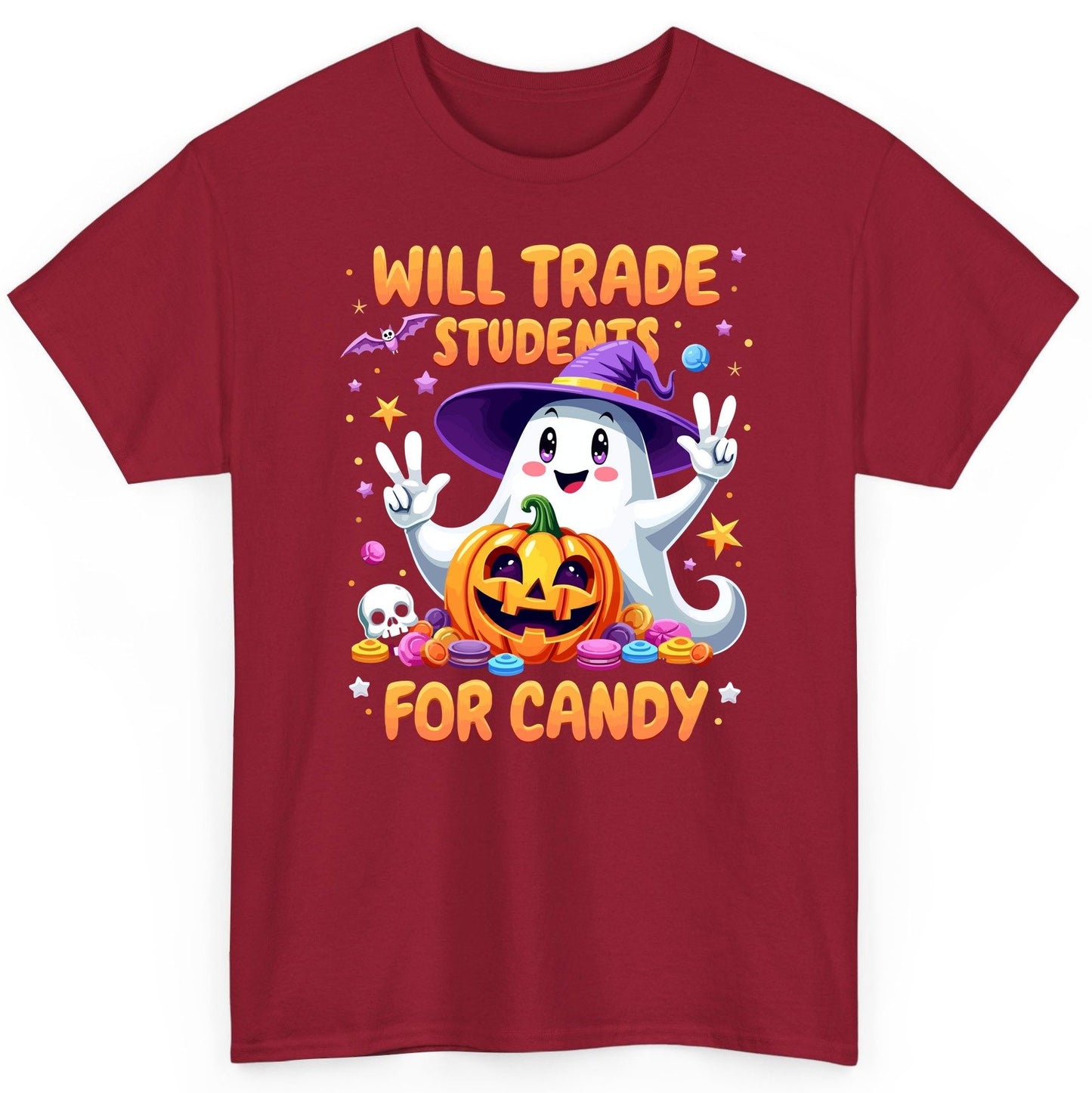 Will Trade Students for Candy teacher Halloween T-Shirt Cardinal Red product mockup