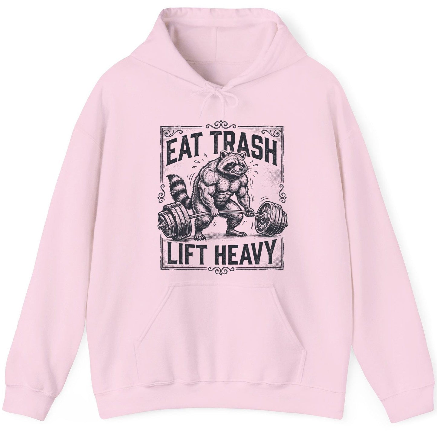 Eat Trash Lift Heavy raccoon Hoodie Light Pink product mockup