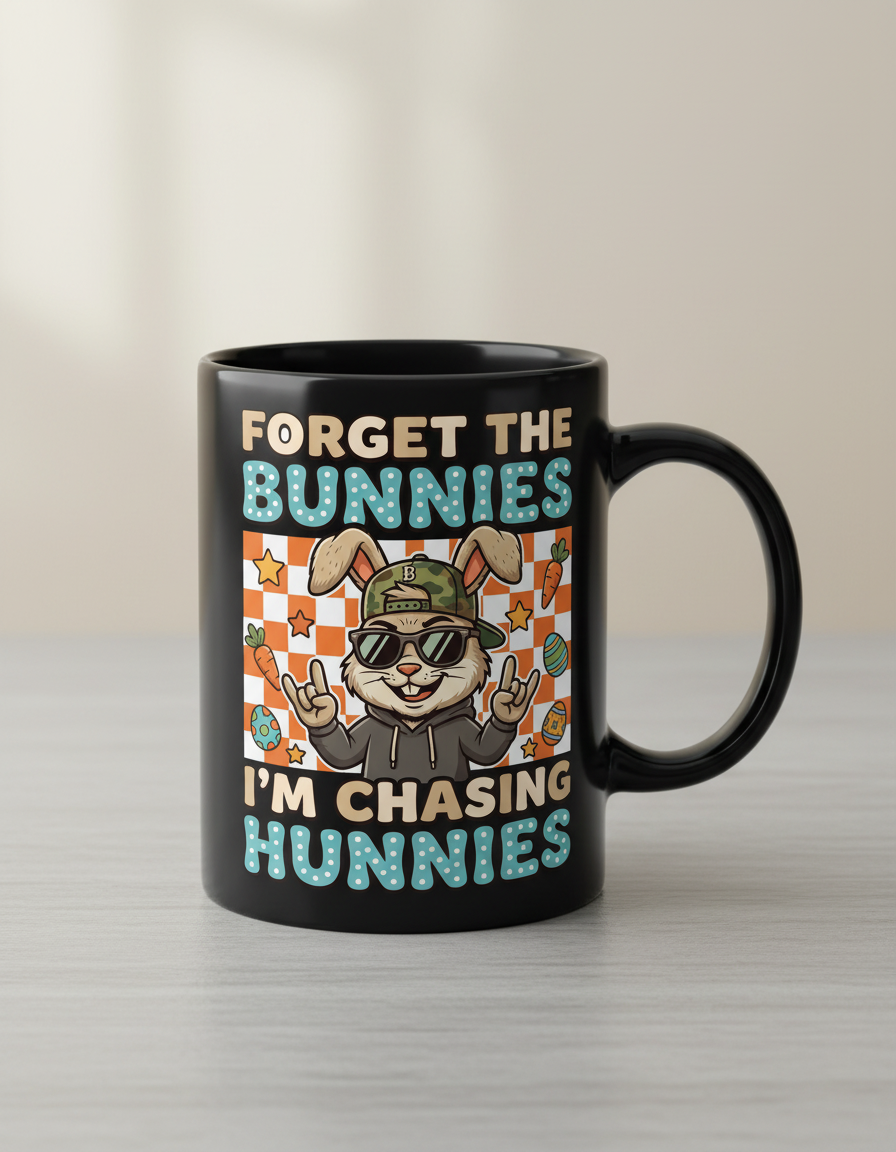 Funny Cool Easter Bunny Chasing Hunnies Design Black Mug - Black
