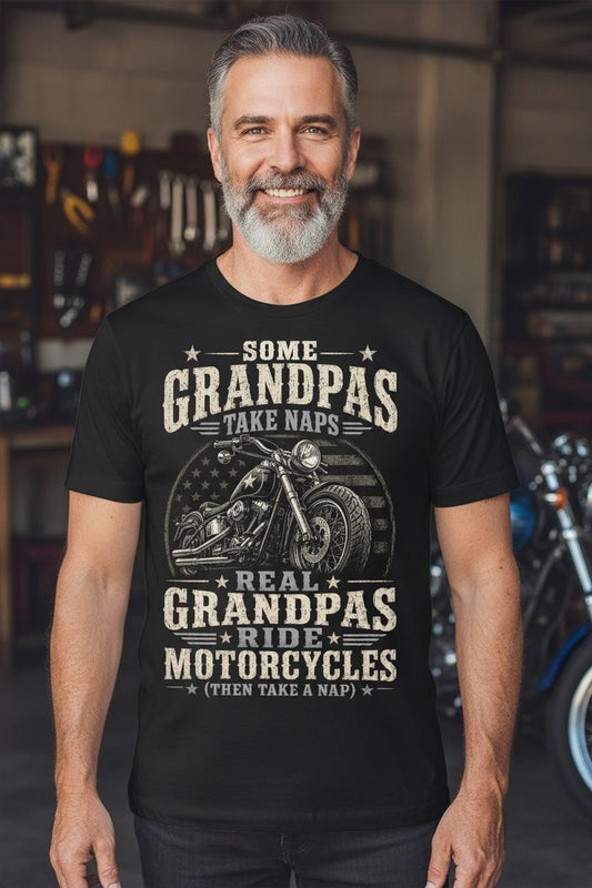 Some Grandpas Take Naps Real Grandpas Ride Motorcycles (then Take a Nap) Funny Detailed Illustration of Classic Motorcycle with Distressed Texture in the Background Is Subtle Weathered American Flag Pattern Stars and Stripes T-Shirt - lifestyle model mockup - Black