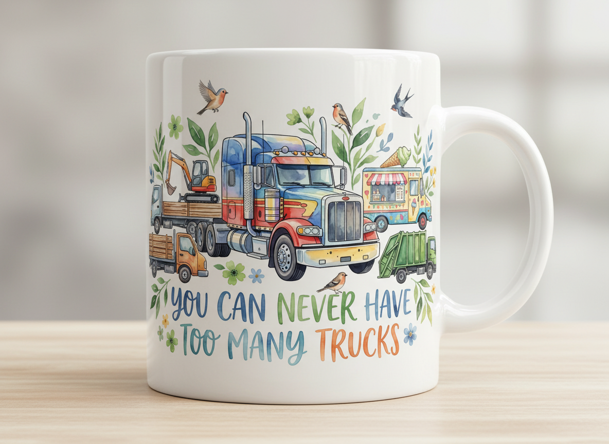 You Can Never Have Too Many Trucks Watercolor Design White Mug - White