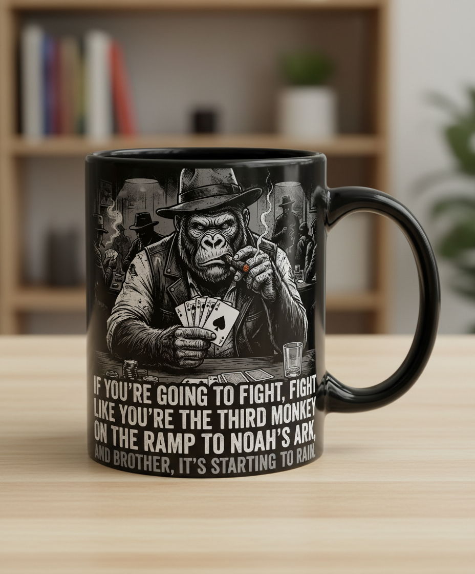 Third Monkey on Noah's Ark Gorilla Poker Player Black Mug - Black