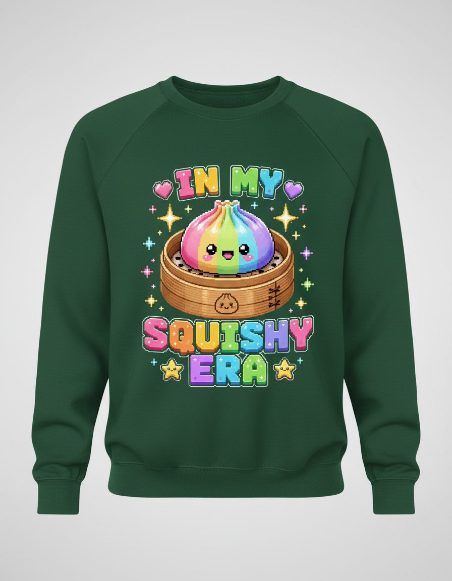 In My Squishy Era Retro Kawaii Dumpling Sweatshirt - product mockup - Forest Green