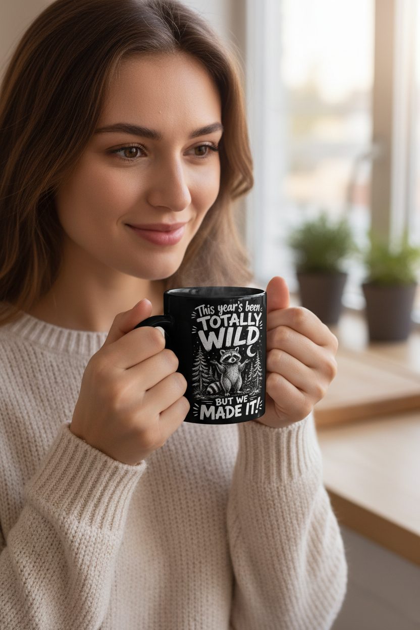 Totally Wild Year Raccoon Funny People a Sense of Humor Black Mug - lifestyle model mockup - Black