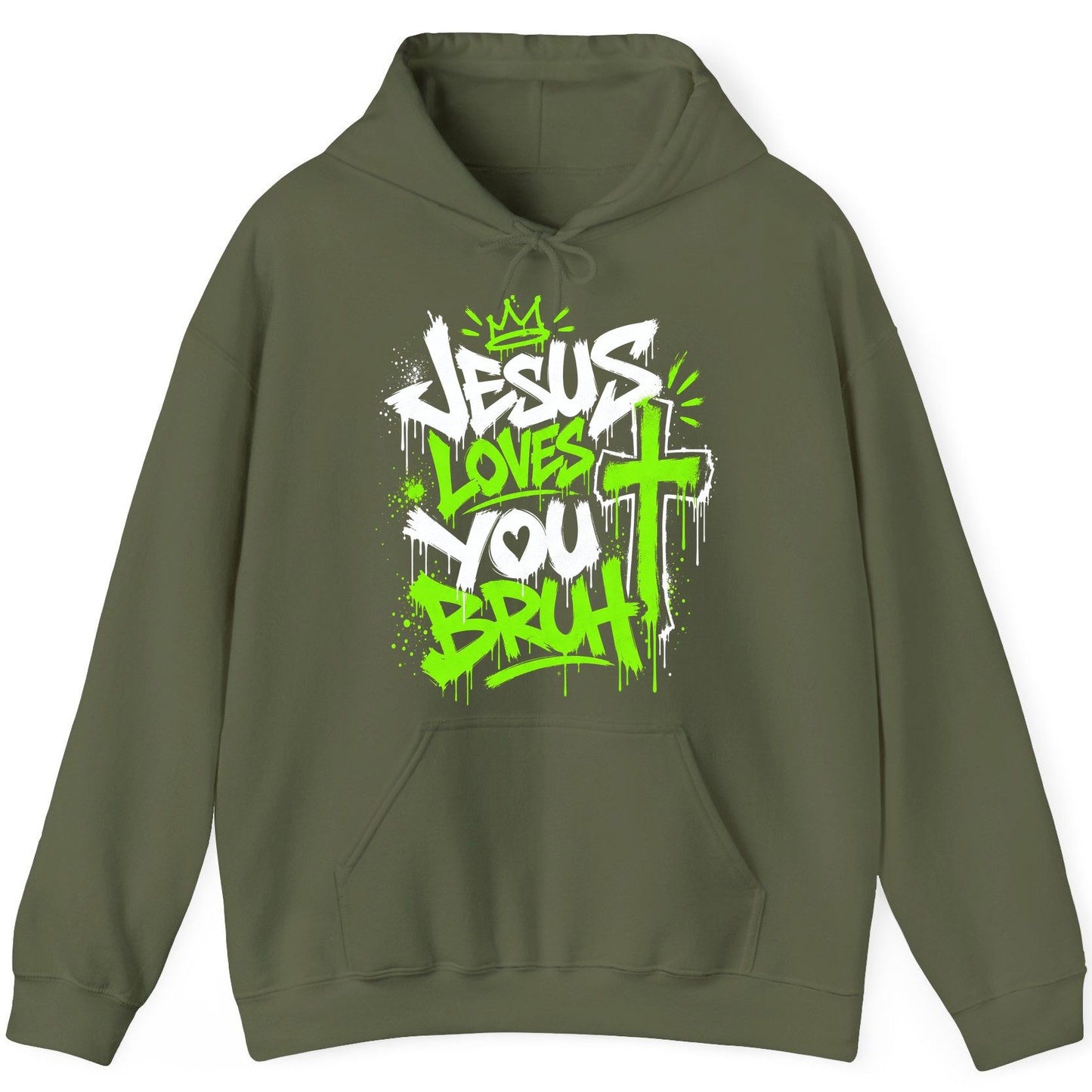 Jesus Loves You Bruh Christian Hoodie - product mockup - Military Green