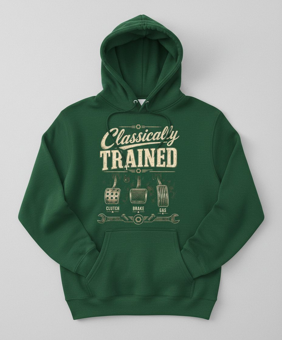 Classically Trained Retro Manual Transmission Hoodie - product mockup - Forest Green