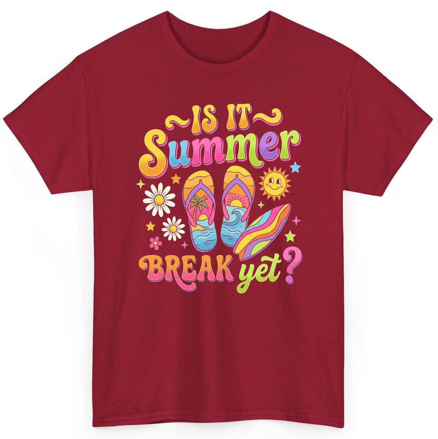 Is It Summer Break Yet Retro Vacation T-Shirt - product mockup - Cardinal Red