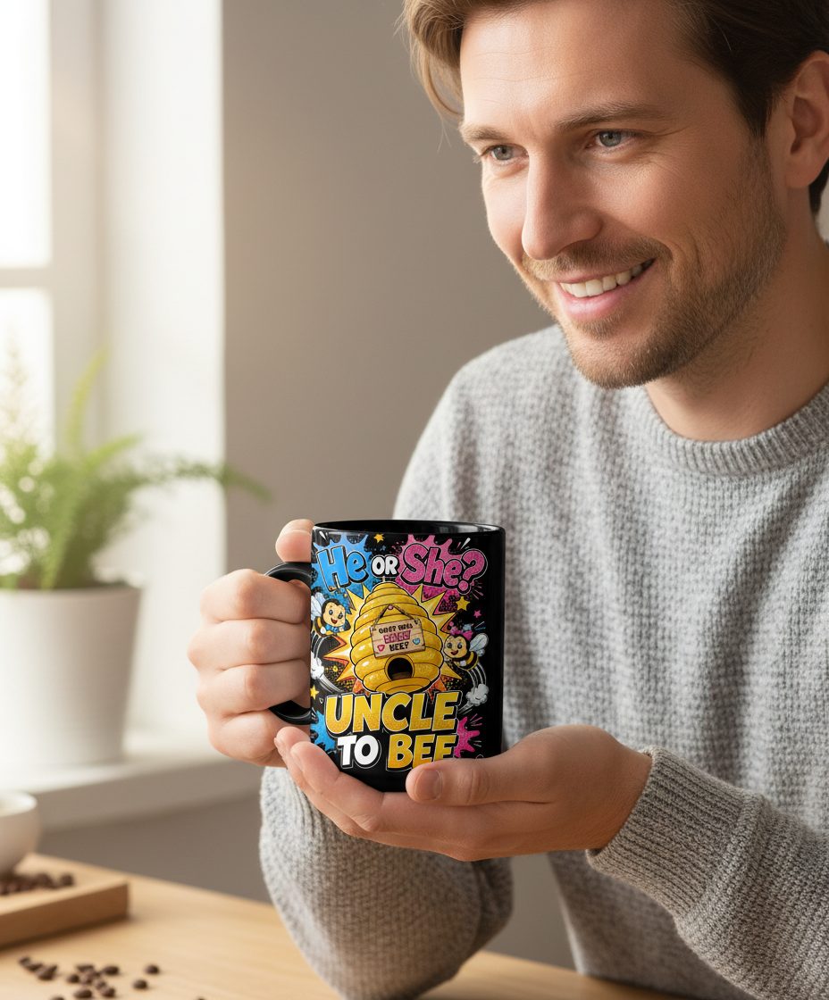 Uncle to Bee Gender Reveal Black Mug - lifestyle model mockup - Black