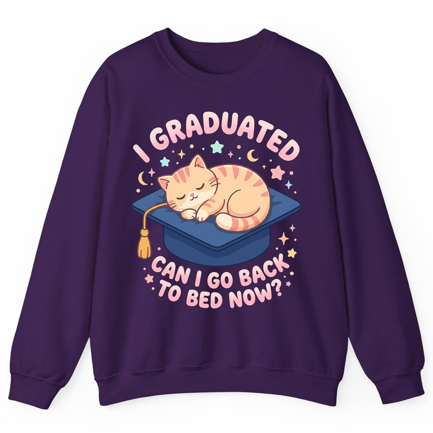 I Graduated CAN I GO BACK TO BED NOW Funny Graduation Cat Sweatshirt - product mockup - Purple