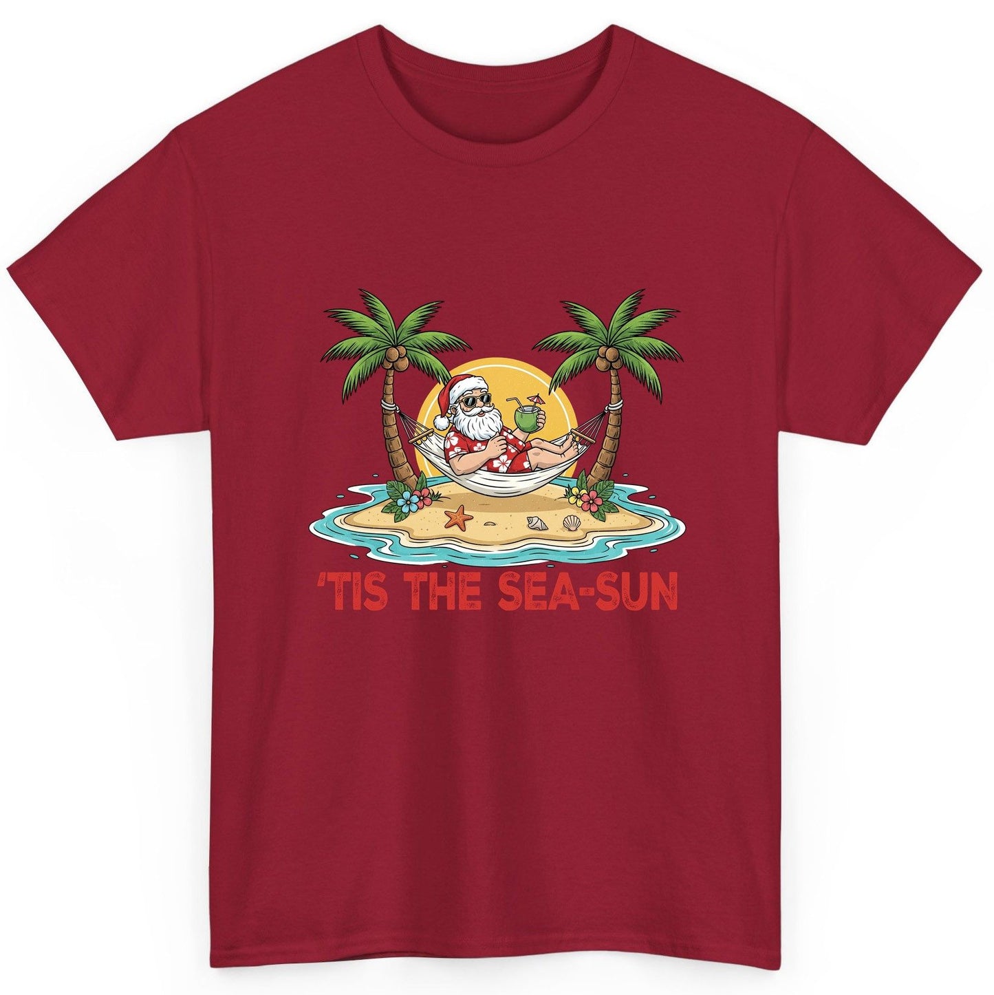 'Tis the Sea-Sun santa claus on a tropical vacation T-Shirt Cardinal Red product mockup