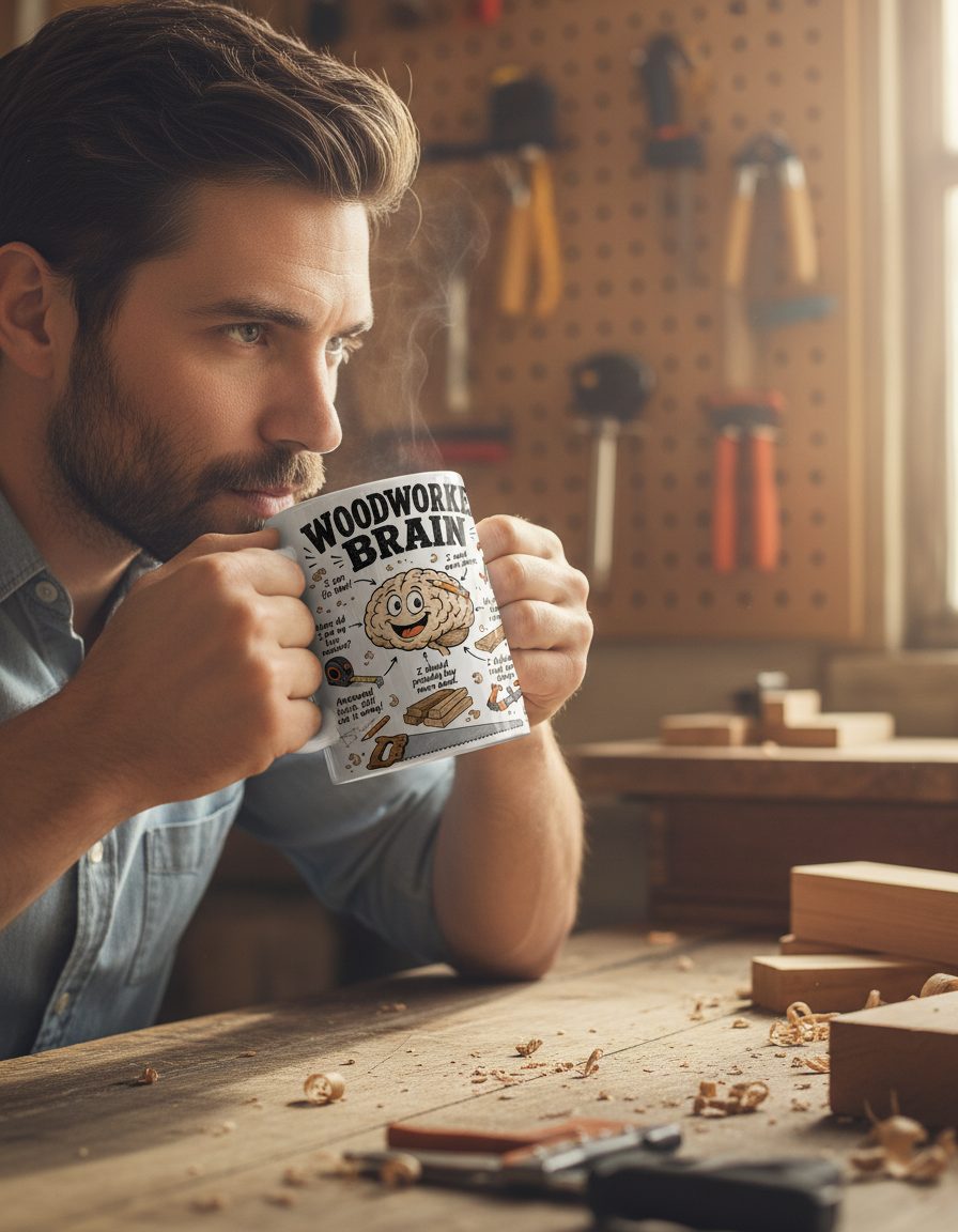 Woodworker Brain Funny Woodworking White Mug - lifestyle model mockup - White