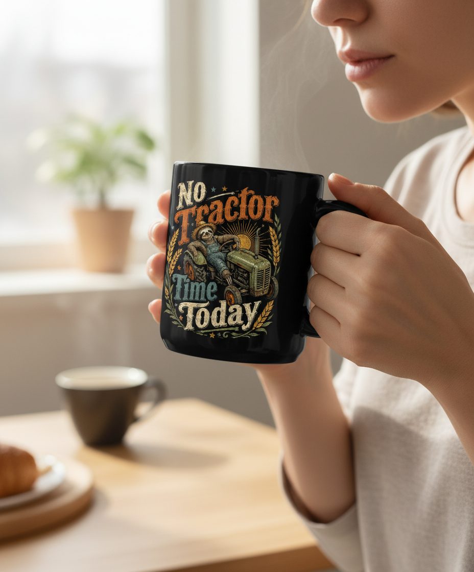 No Tractor Time Today Funny Sloth Black Mug - lifestyle model mockup - Black