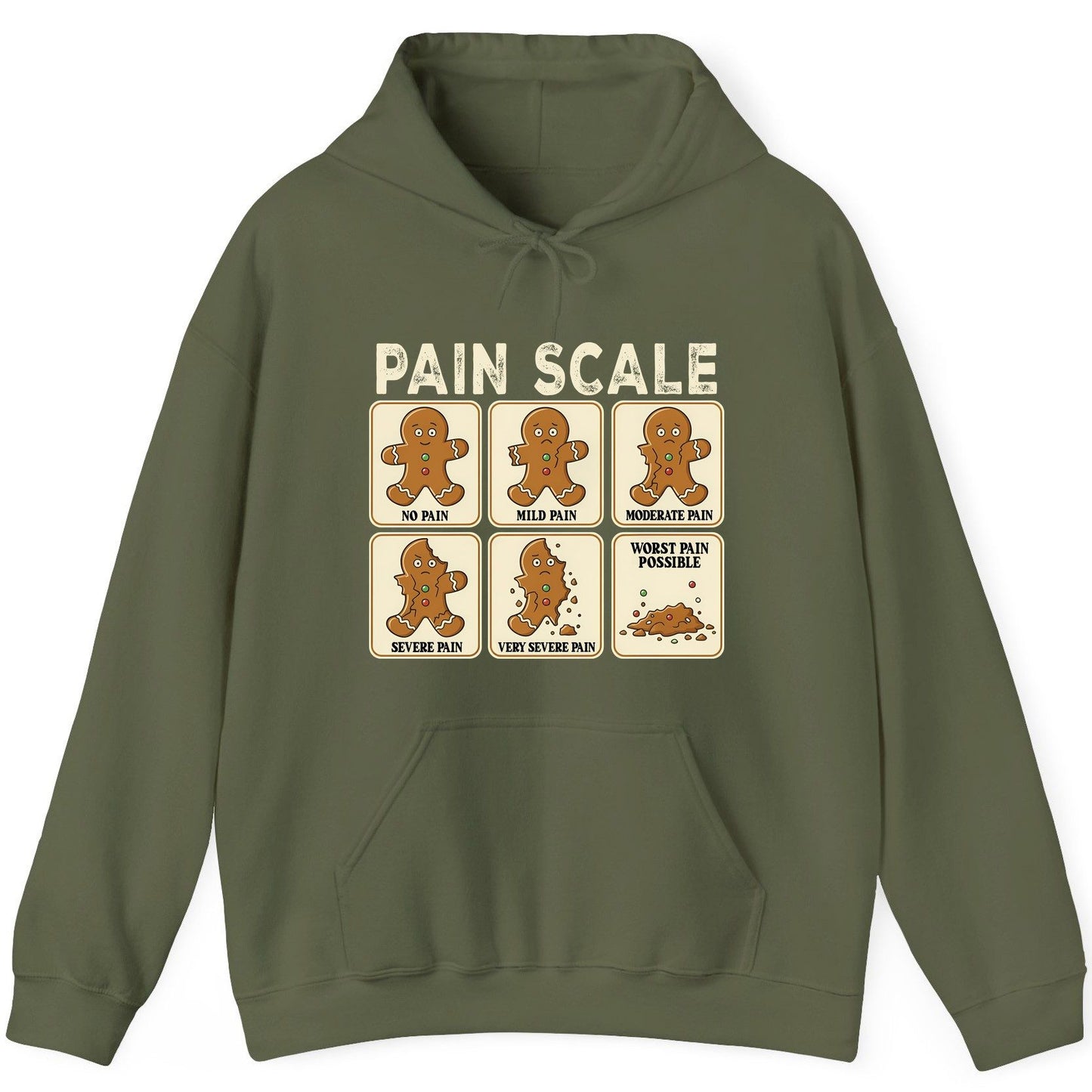 Pain Scale gingerbread man pain scale Hoodie Military Green product mockup