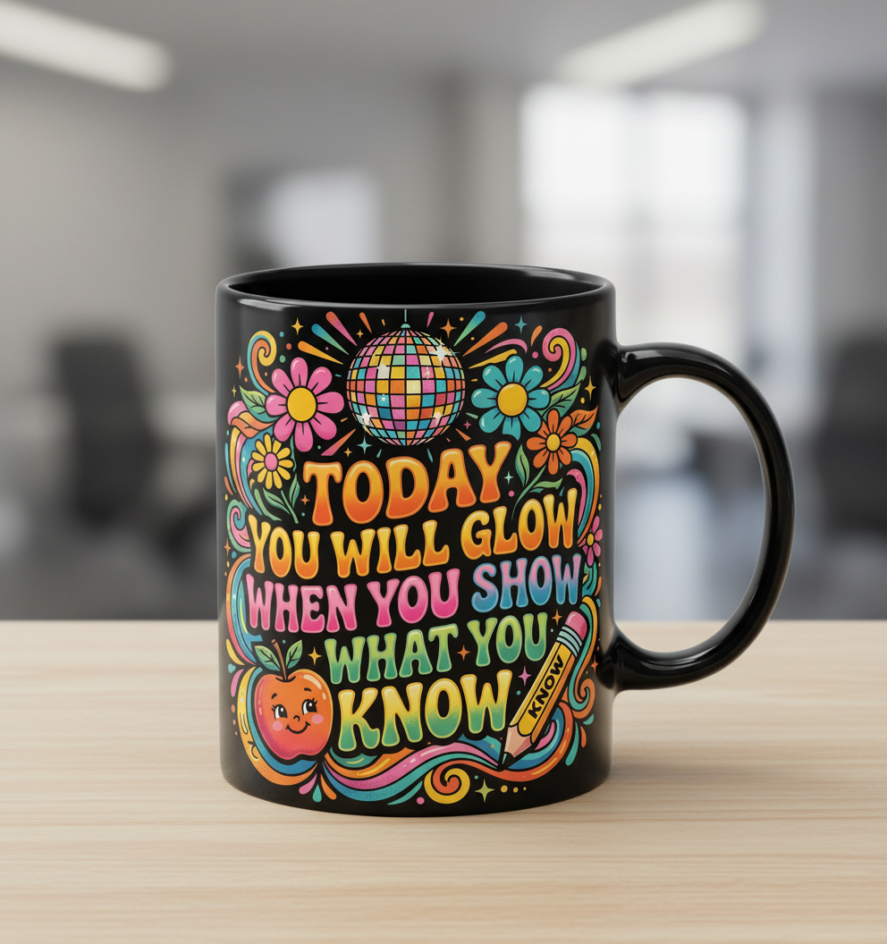 Groovy Teacher Motivational Quote "Today You Will Glow" Black Mug - Black