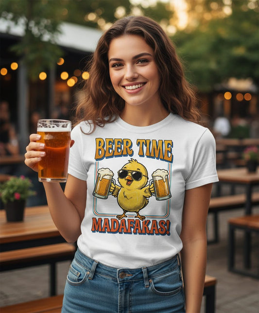 Funny Chick drinking beer Chick T-Shirt - lifestyle model mockup - White
