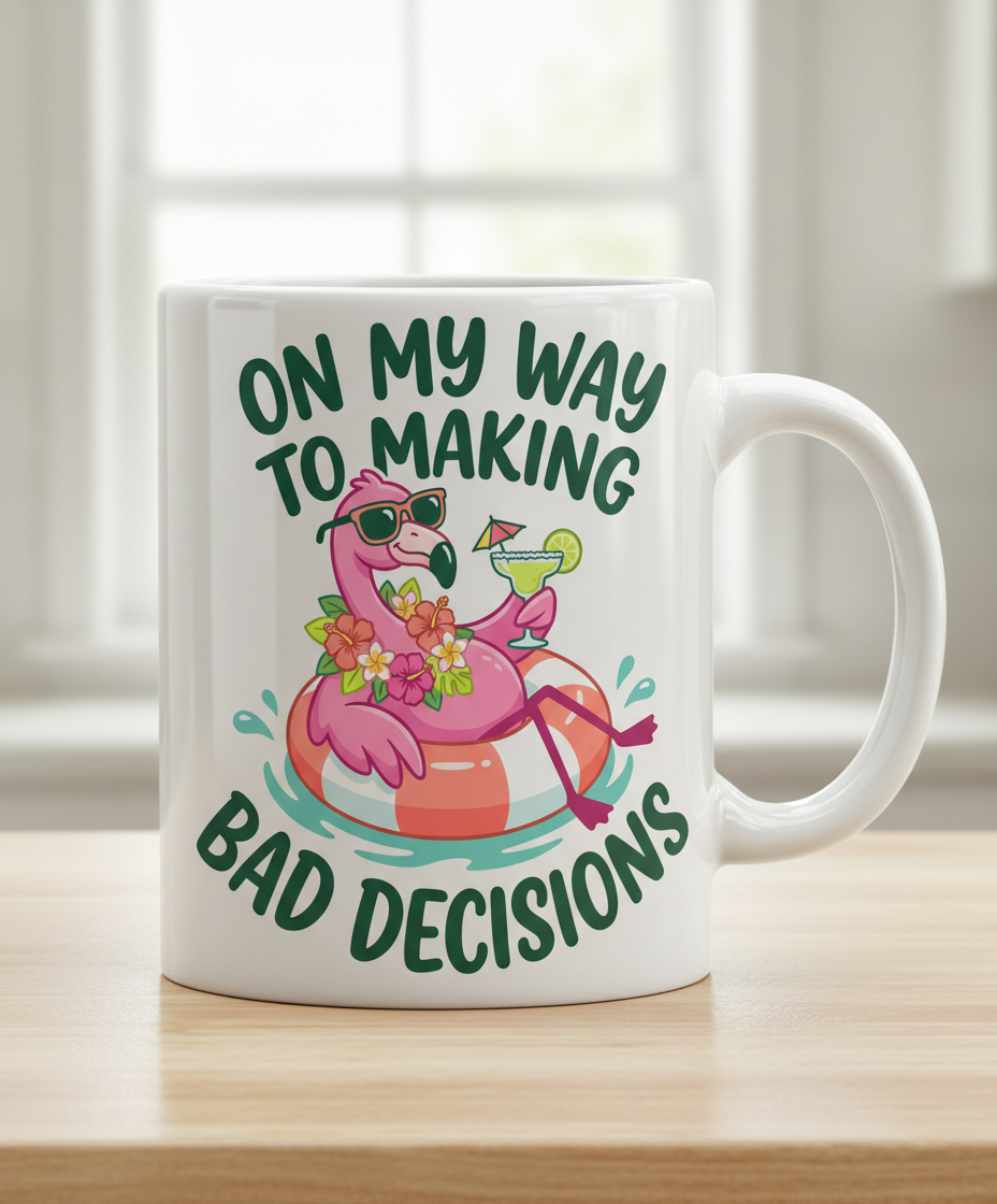 On My Way To Making Bad Decisions Funny Flamingo White Mug - White