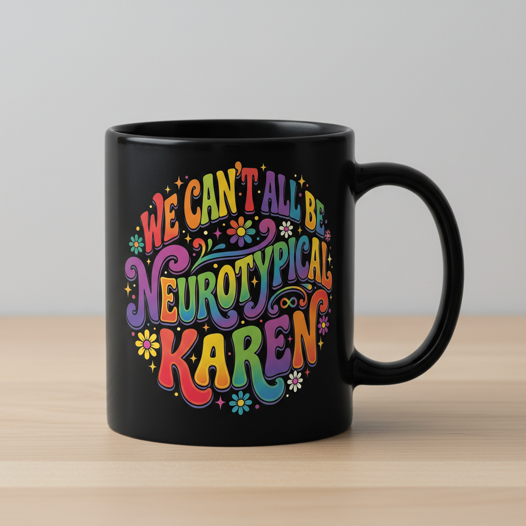 We Can't All Be Neurotypical Karen Groovy Retro Design Black Mug - Black