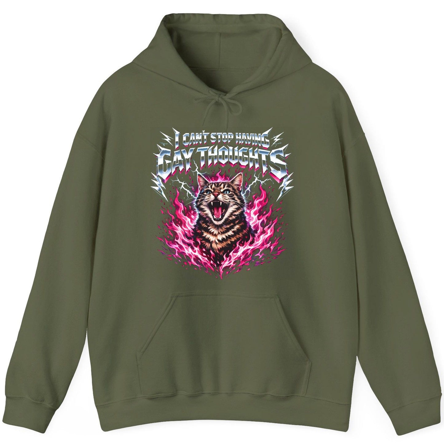 I Can't Stop Having Gay Thoughts cat Hoodie Military Green product mockup