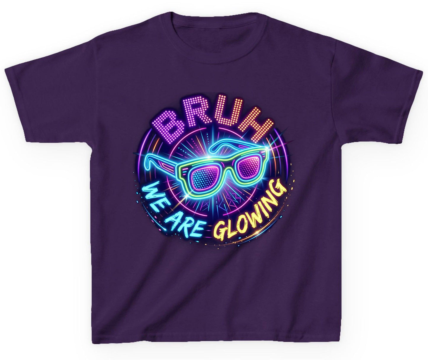 BRUH WE ARE GLOWING Neon Party Youth T-Shirt Purple product mockup