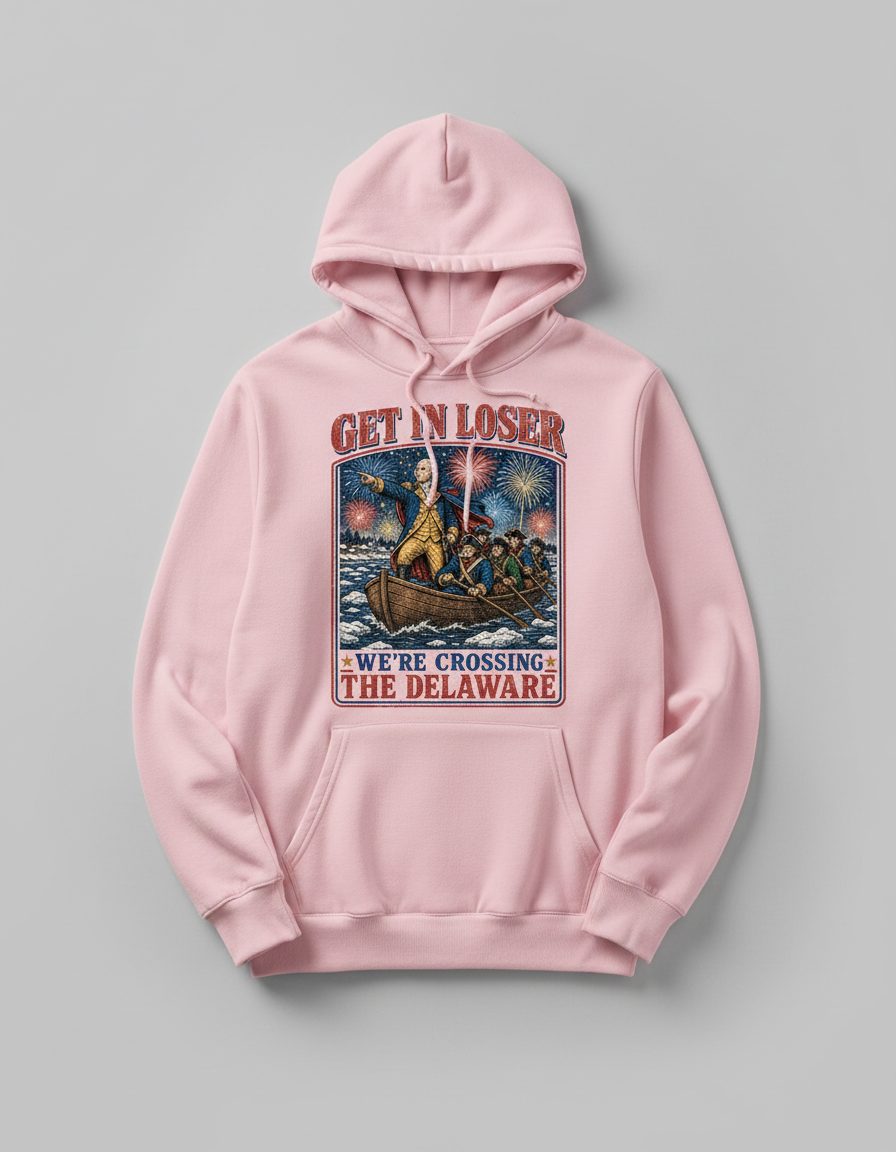 Get in Loser We're Crossing the Delaware Funny American History Hoodie - product mockup - Light Pink