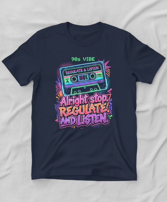 90s Vibe Cassette Tape Regulate and Listen Retro Design T-Shirt - Navy