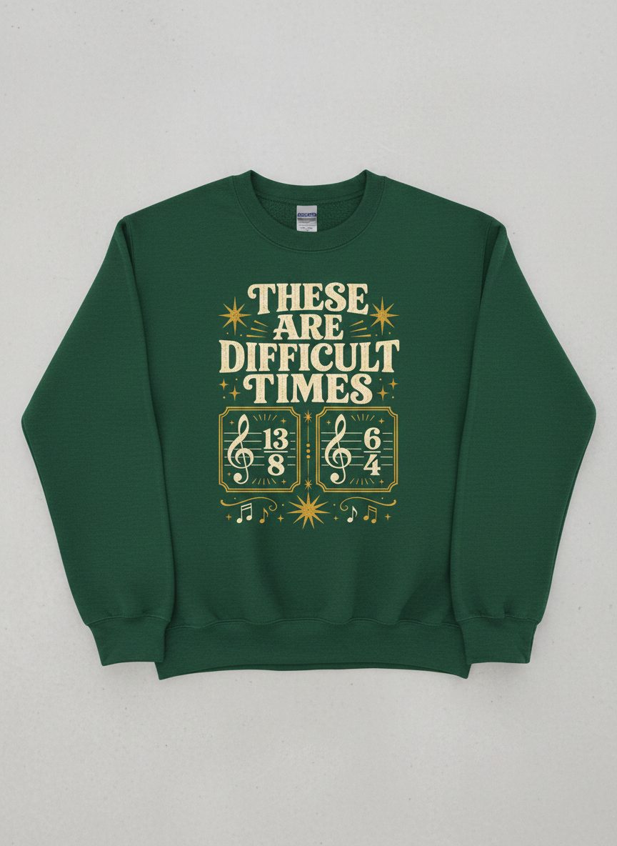 These Are Difficult Times Funny Music Pun Sweatshirt - product mockup - Forest Green