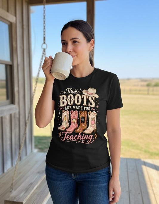 These Boots Are Made for Teaching Teacher T-Shirt - lifestyle model mockup - Black
