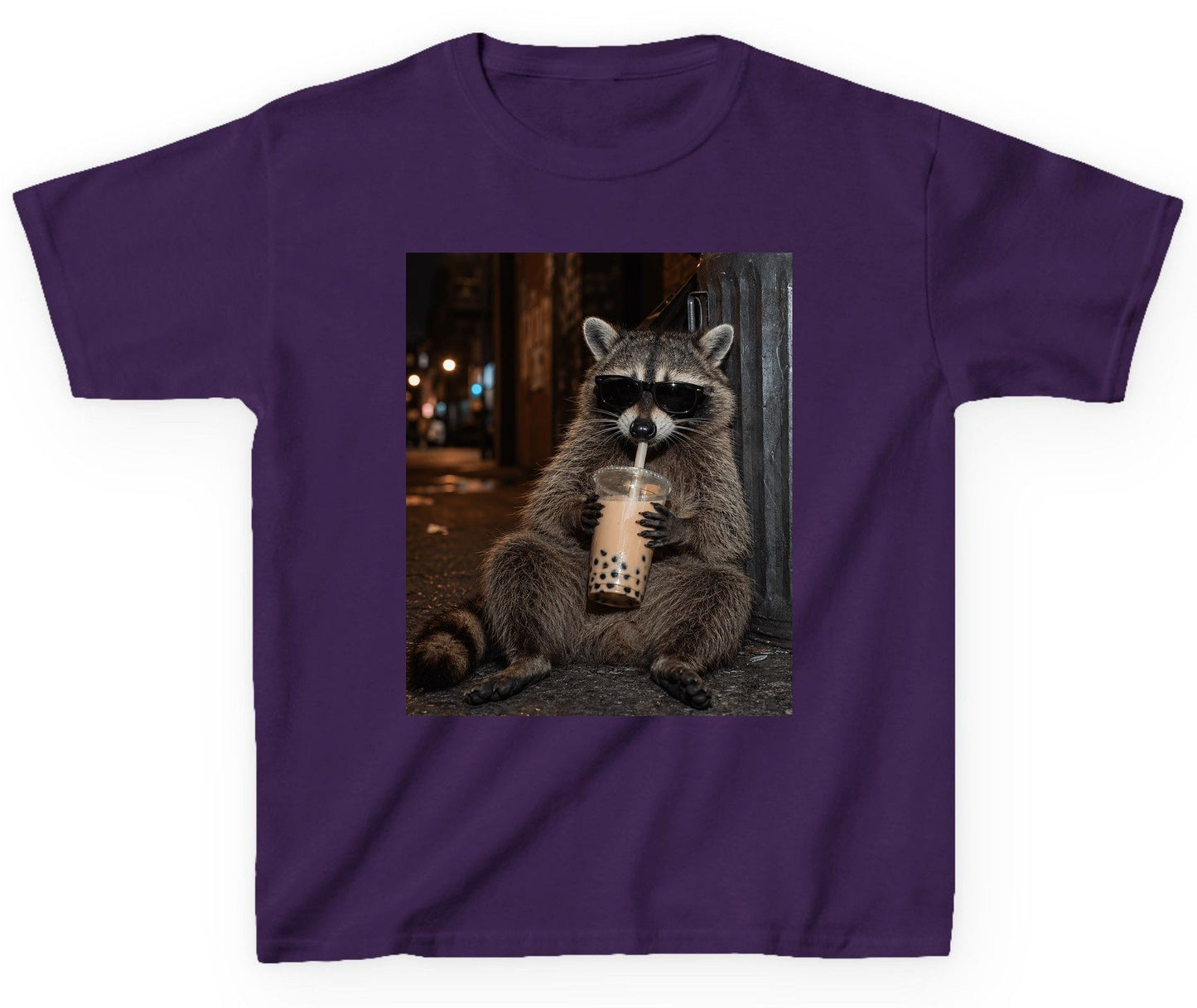 Cool Raccoon Bubble Tea Funny Lovers Youth T-Shirt - product mockup - Purple