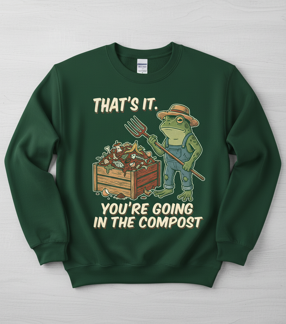 That's It You're Going In The Compost Frog Farmer Meme Sweatshirt - Forest Green