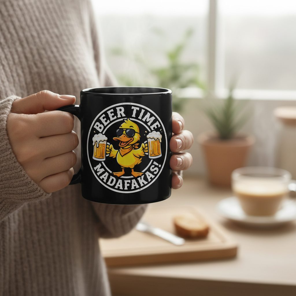 BEER TIME MADAFFAKAS! Funny Duck drinking beer Beer Time Madafakas Duck Black Mug - lifestyle model mockup - Black