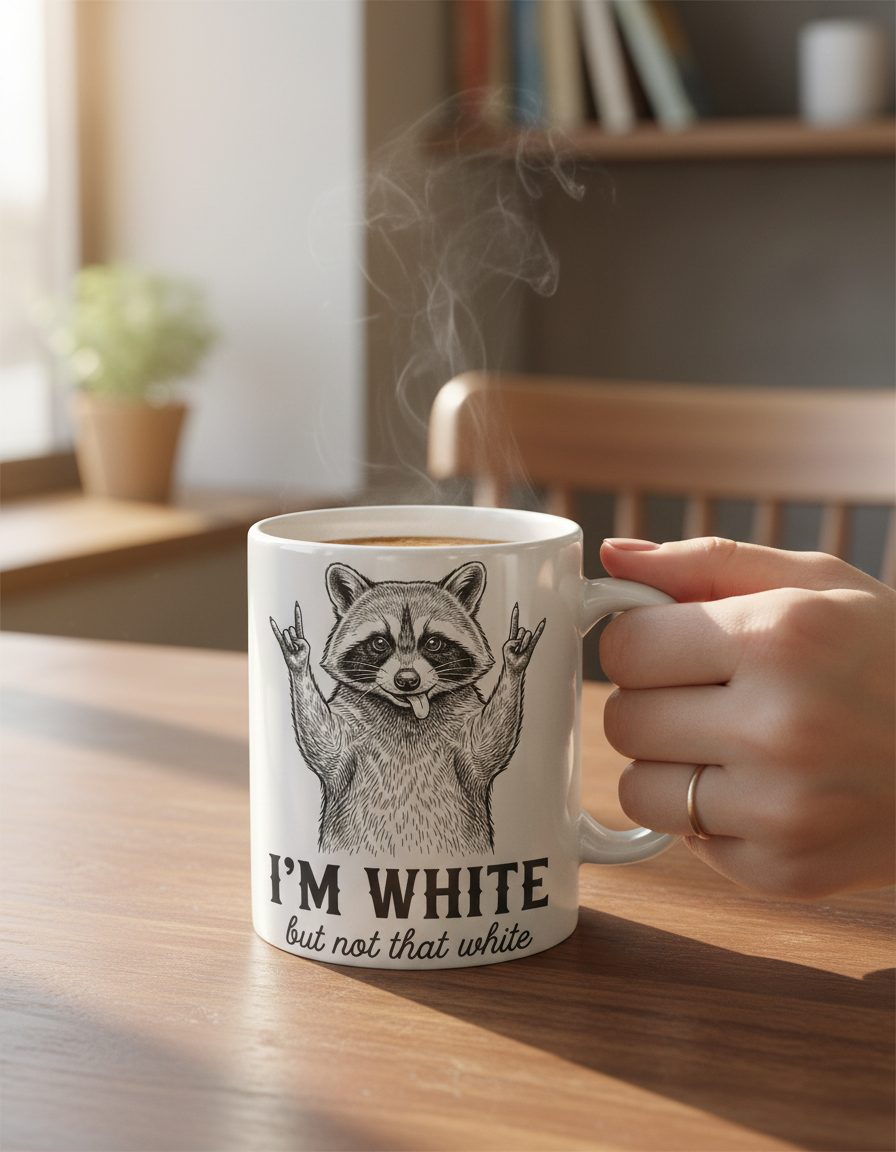 I'M WHITE but Not That White Funny Raccoon White Mug - lifestyle model mockup - White