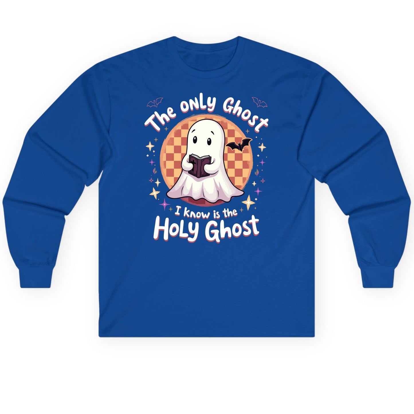 The Only Ghost I Know Is the Holy Ghost christian Halloween Long Sleeve Tee Royal product mockup