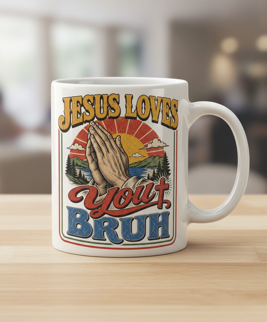 JESUS LOVES You BRUH Funny Christian Humor White Mug - product mockup - White
