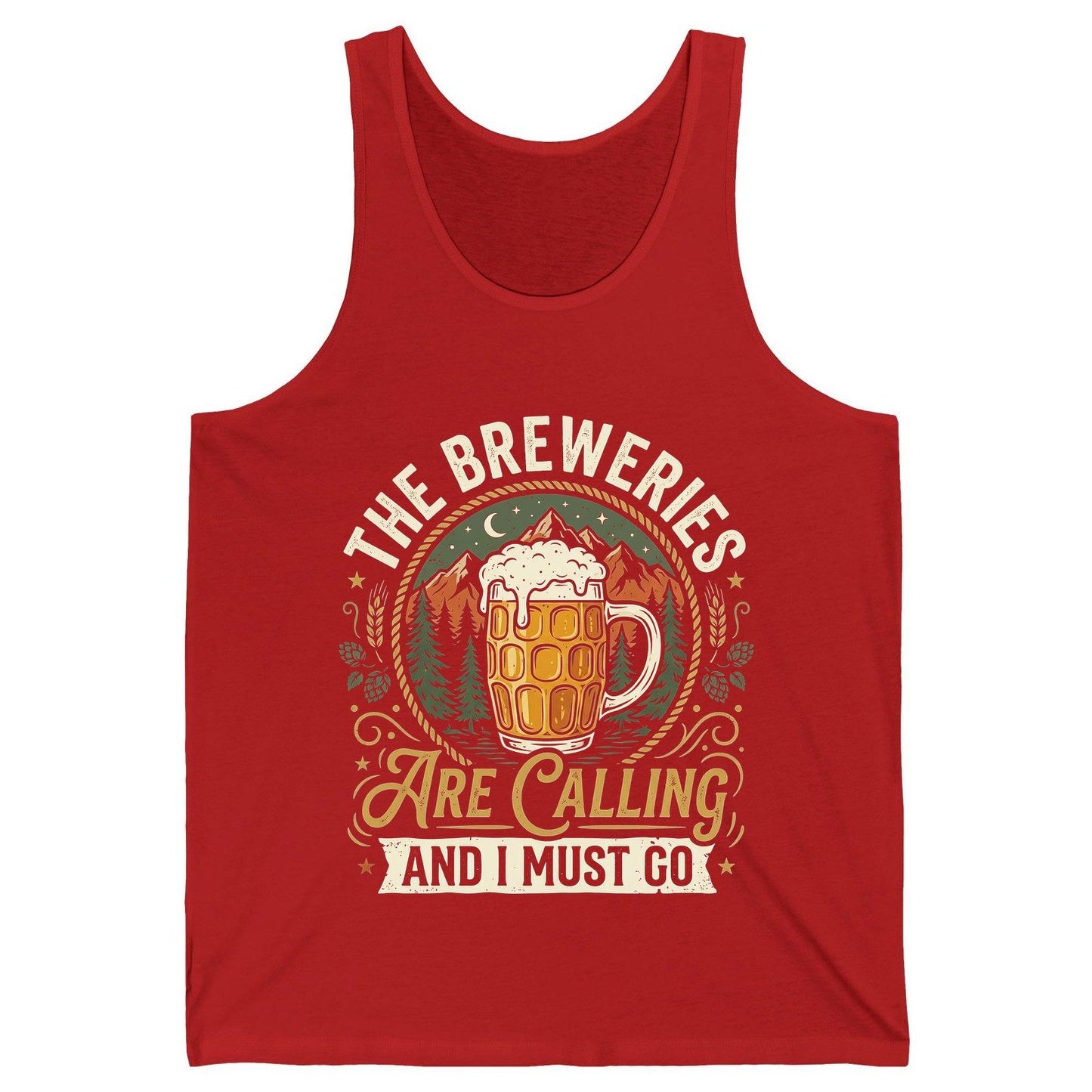 The Breweries Are Calling and I Must Go Funny Craft Beer Tank Top - product mockup - Red