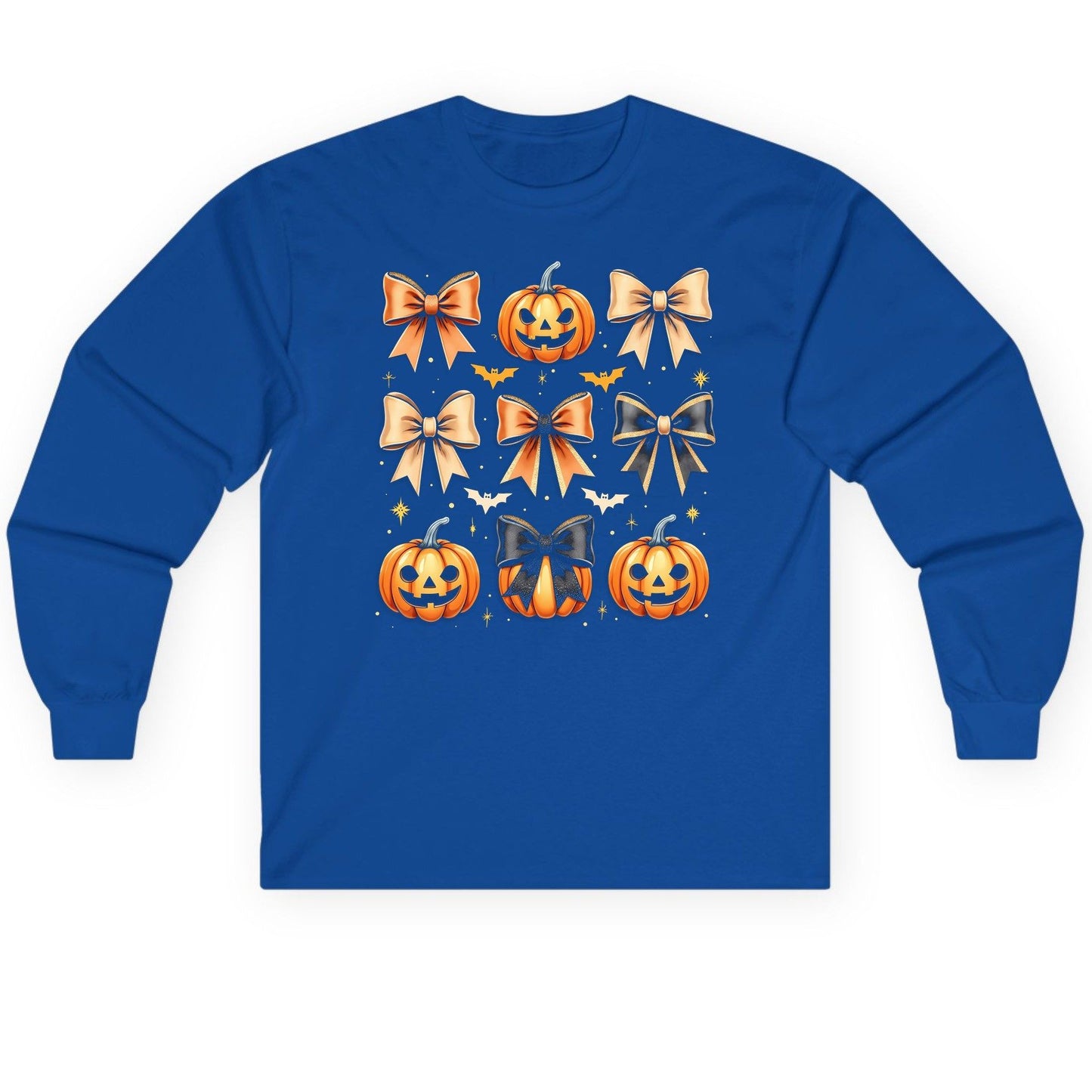Cute Halloween Pumpkins and Bows Halloween Long Sleeve Tee Royal product mockup