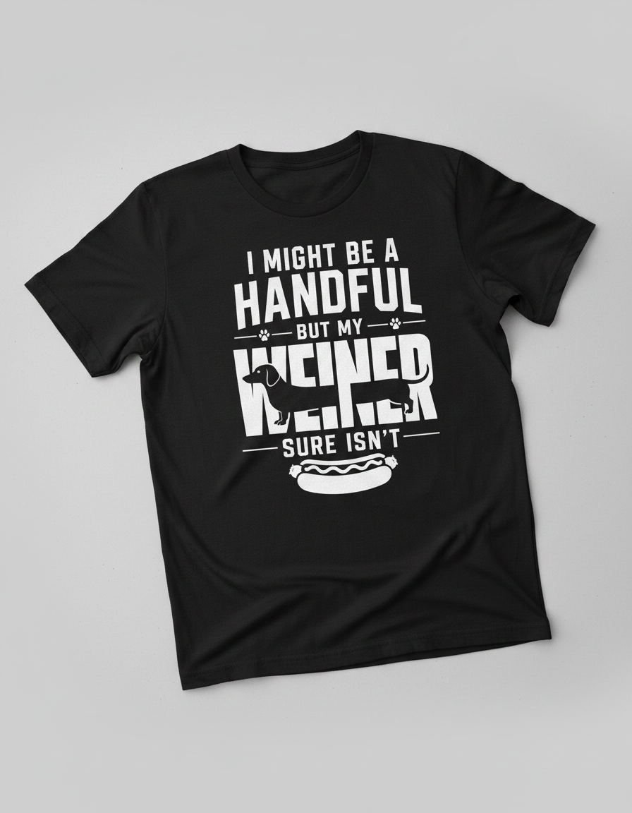 Funny Dachshund Wiener Dog Pun 'I Might Be A Handful' T-Shirt - Black