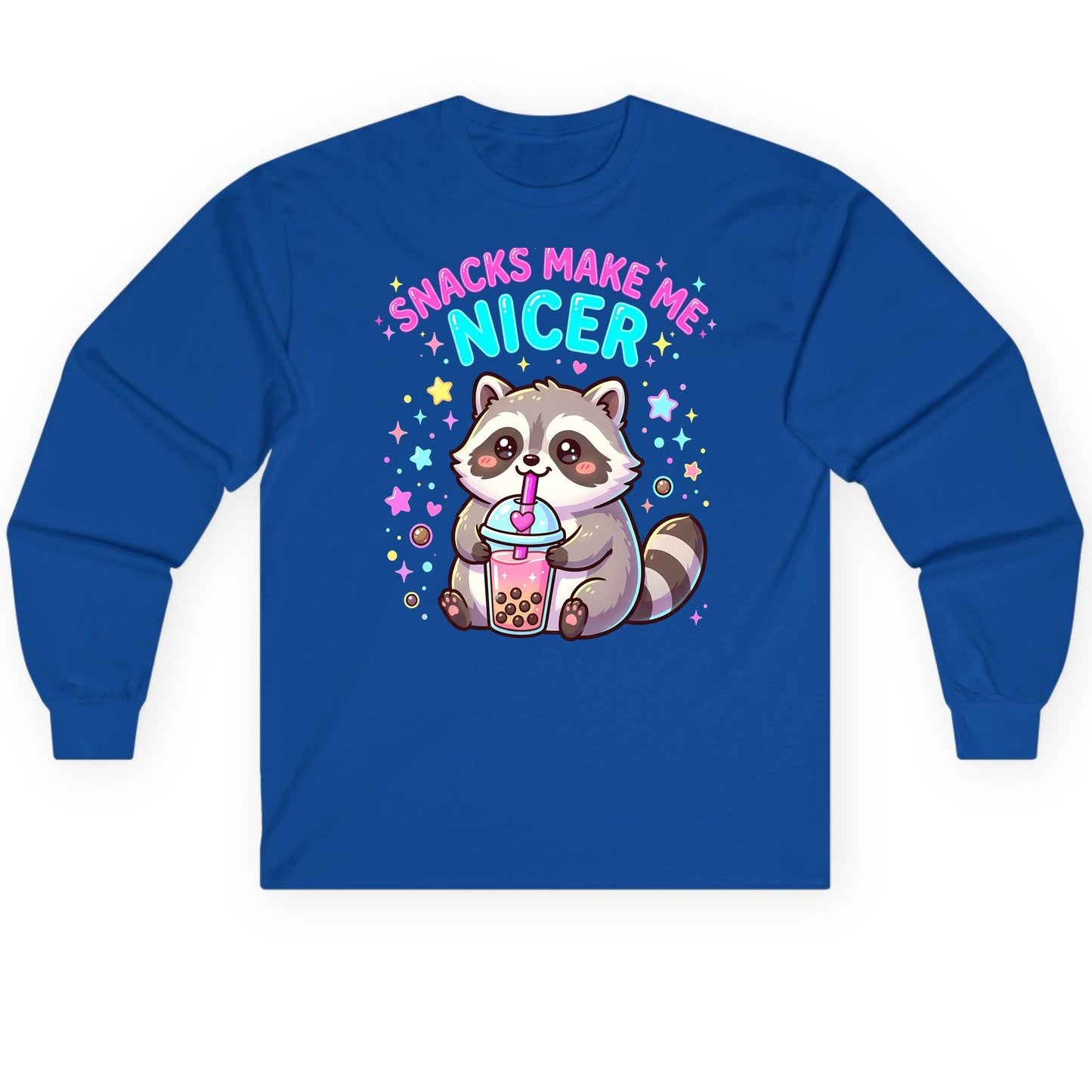 SNACKS MAKE ME NICER Funny Raccoon Long Sleeve Tee - product mockup - Royal
