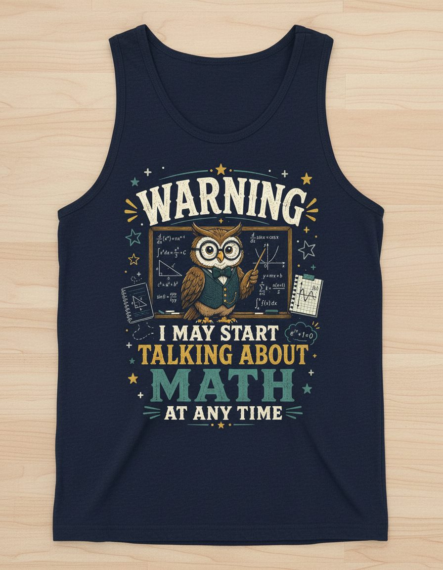 Warning I May Start Talking About Math at Any Time Funny Teachers Tank Top - product mockup - Navy