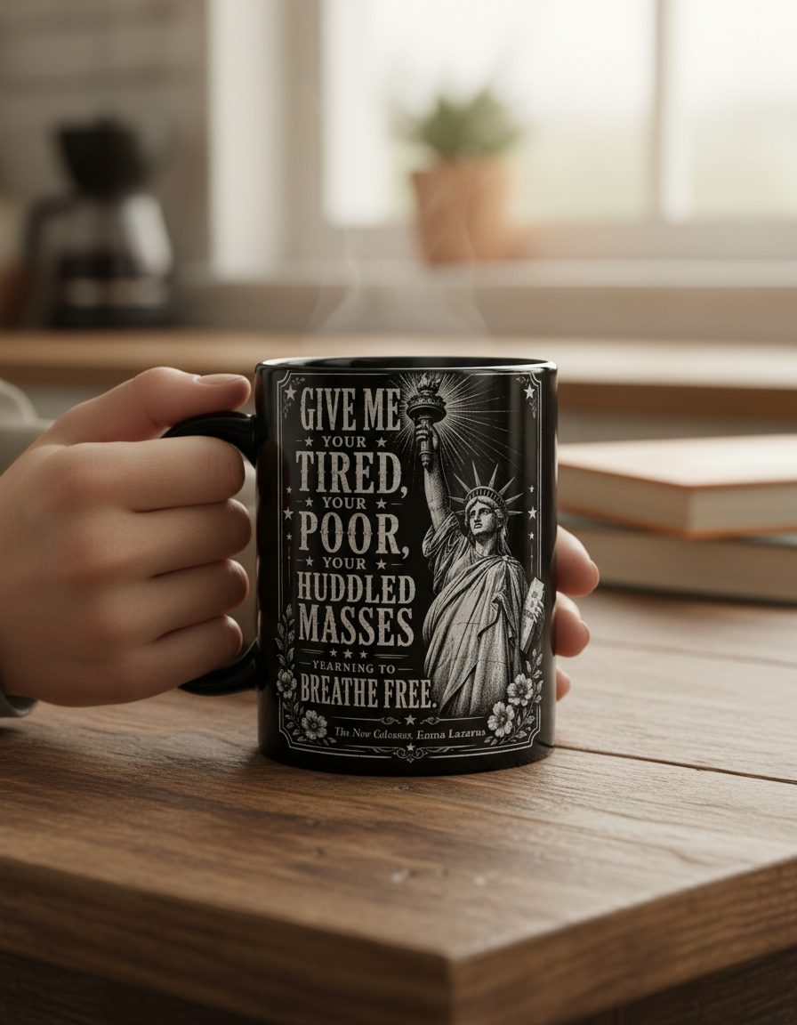 Give Me Your Tired Statue of Liberty Vintage Patriots Black Mug - lifestyle model mockup - Black