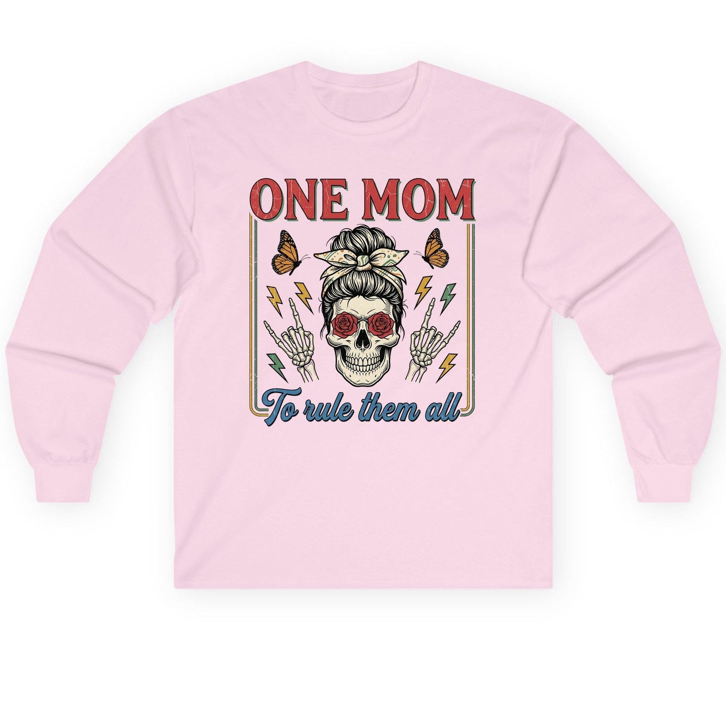 ONE MOM to Rule Them All Funny Skull Long Sleeve Tee - product mockup - Light Pink