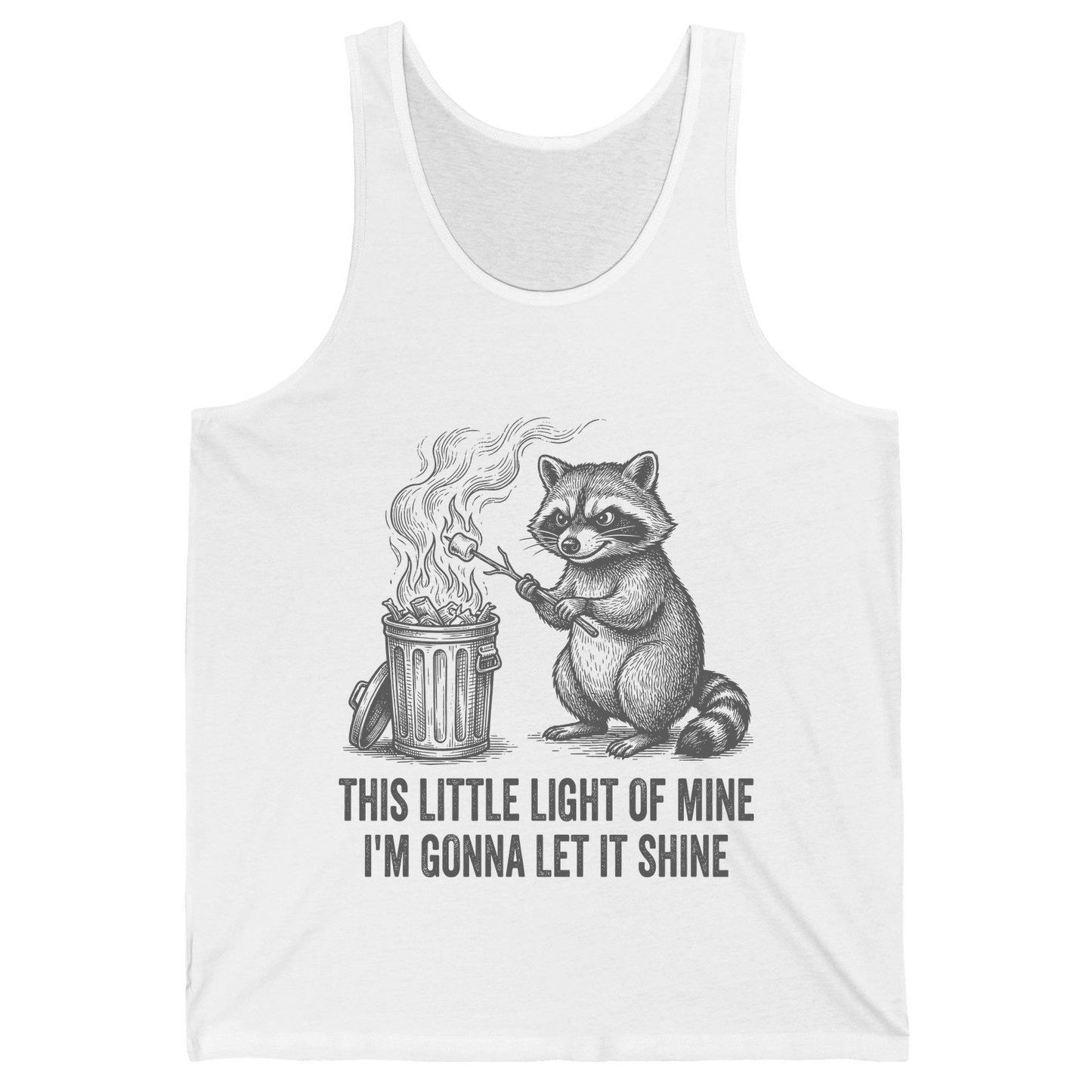 THIS LITTLE LIGHT OF MINE I'M GONNA LET IT SHINE Raccoon Tank Top White product mockup