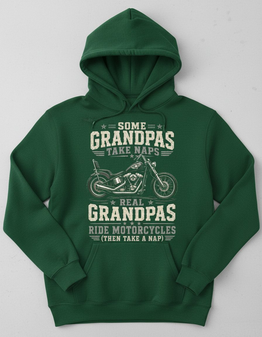 Some Grandpas Take Naps Real Grandpas Ride Motorcycles (then Take a Nap) Funny Biker Hoodie - product mockup - Forest Green