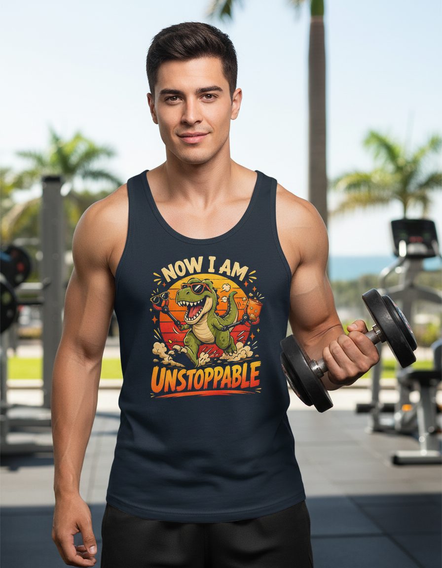 Now I Am Unstoppable Funny T-Rex Dinosaur Tank Top - product mockup - Navy
