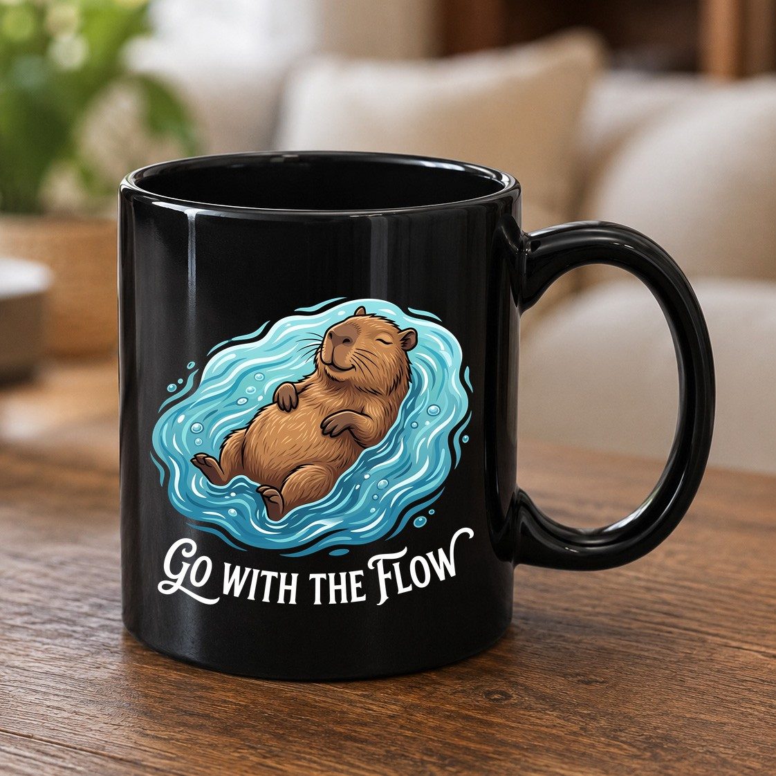 Go WITH THE Flow Funny Capybara Black Mug - product mockup - Black