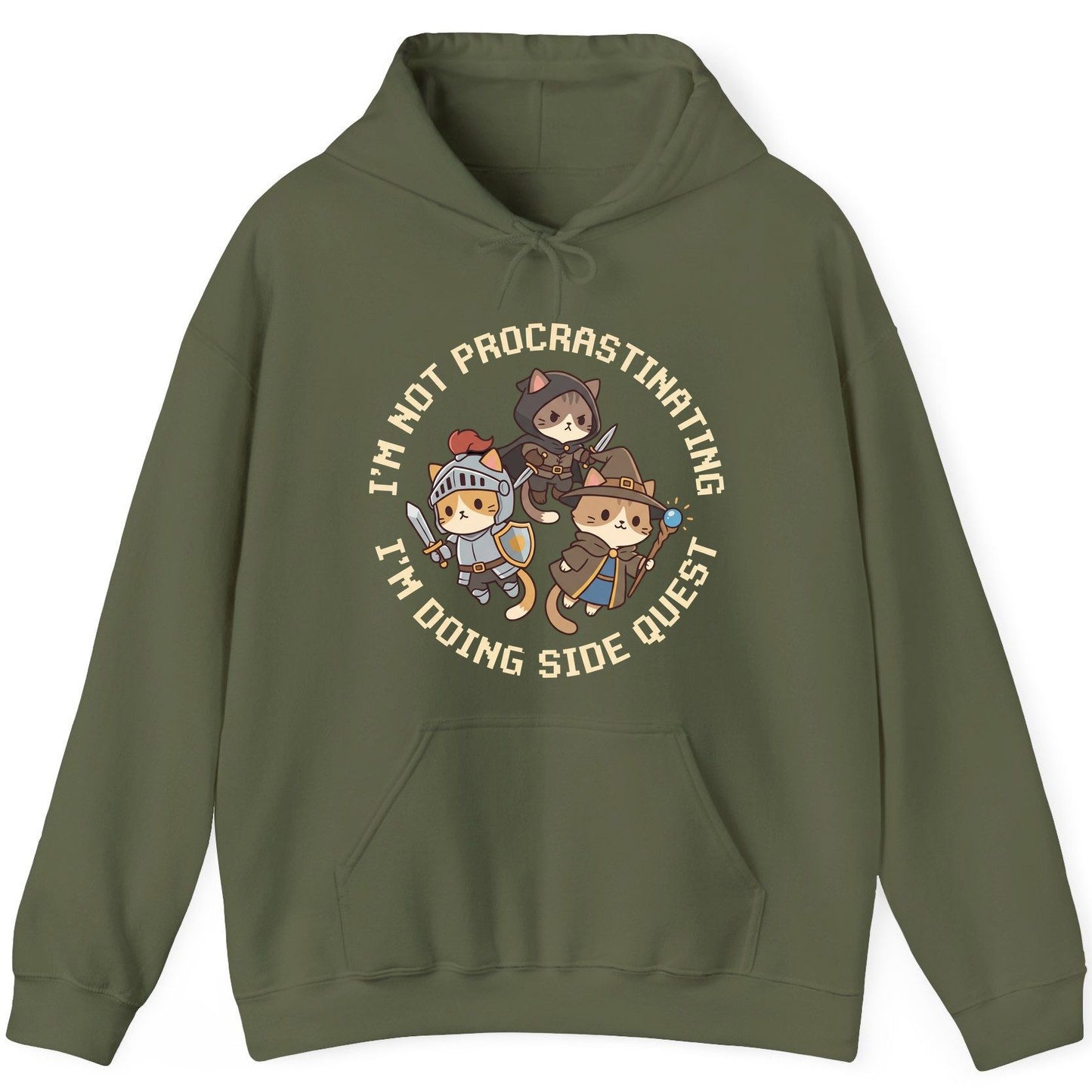I'm Not Procrastinating I'm Doing Side Quest rpg cats Hoodie Military Green product mockup