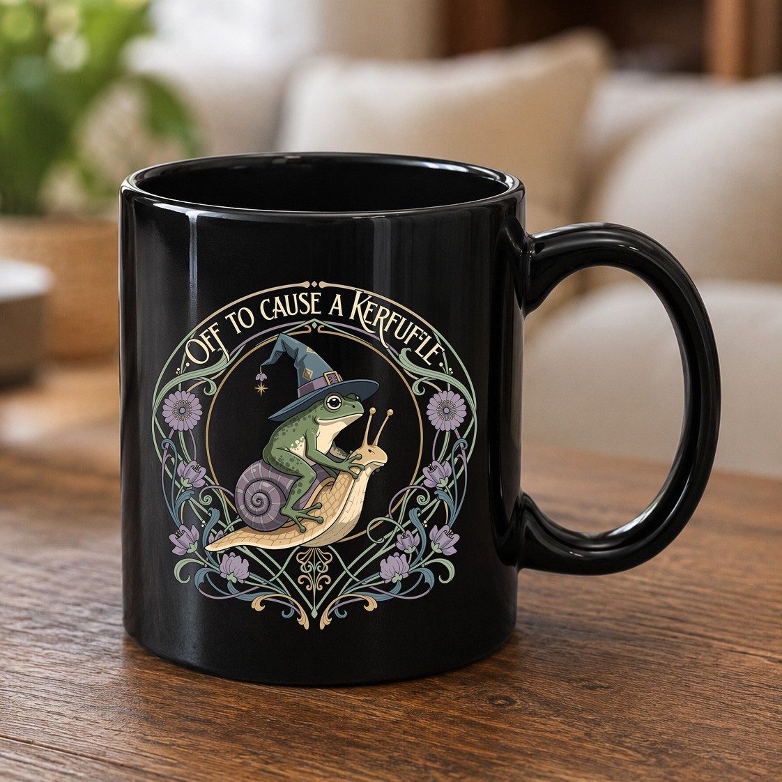 Off to Cause a Kerfuffle frog riding a snail Black Mug Black product mockup