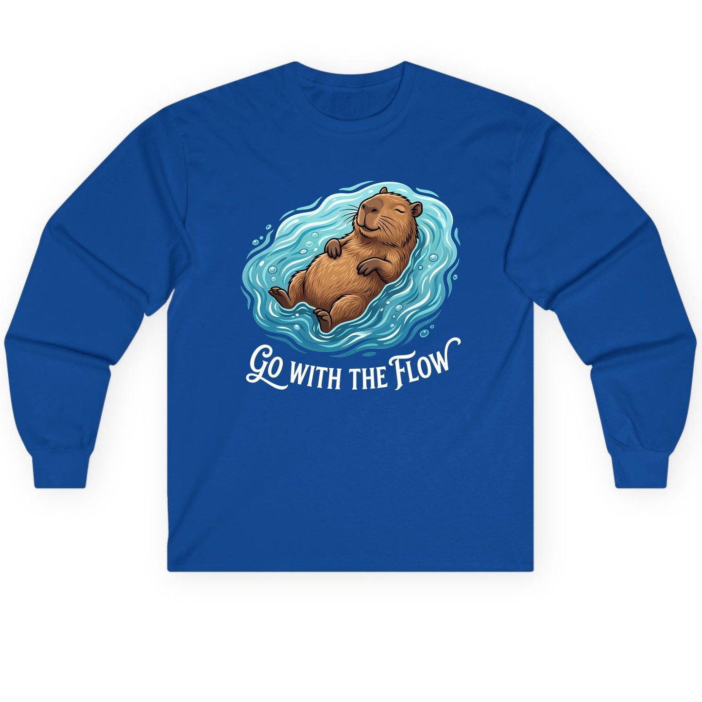 Go WITH THE Flow Funny Capybara Long Sleeve Tee - product mockup - Royal